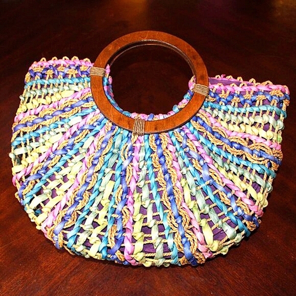 Cappelli Woven Straw Handbag – Boho Tote with Wooden Handles - Picture 1 of 7